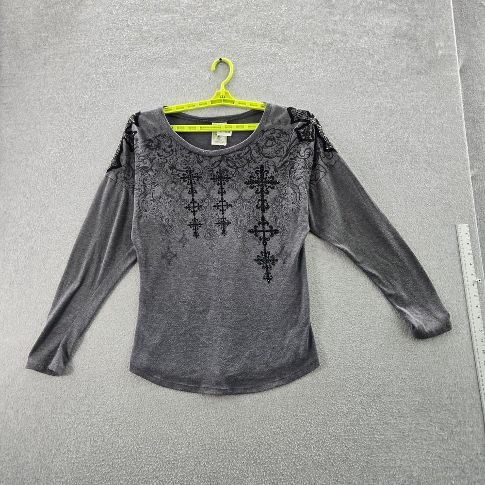 Vocal Women Shirt M Gray Floral Beaded Bow Crew Neck Grunge Y2K